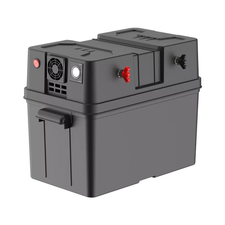 Rekcharge 12V portable battery box in a front right view with positive and negative side terminals.
