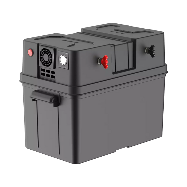 Rekcharge 12V portable battery box in a front right view with positive and negative side terminals.