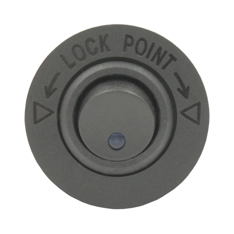 Rekcharge 12V round toggle switch straight front close up with lock point markings.