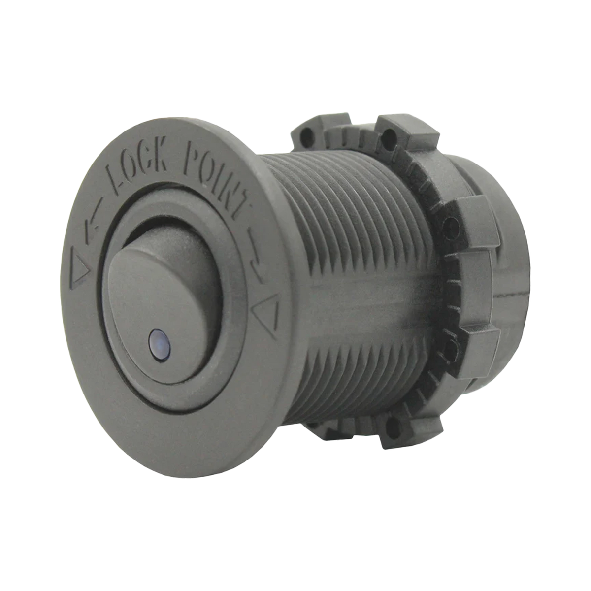 Rekcharge 12V round toggle switch front right view showing the threaded body and locking ring.