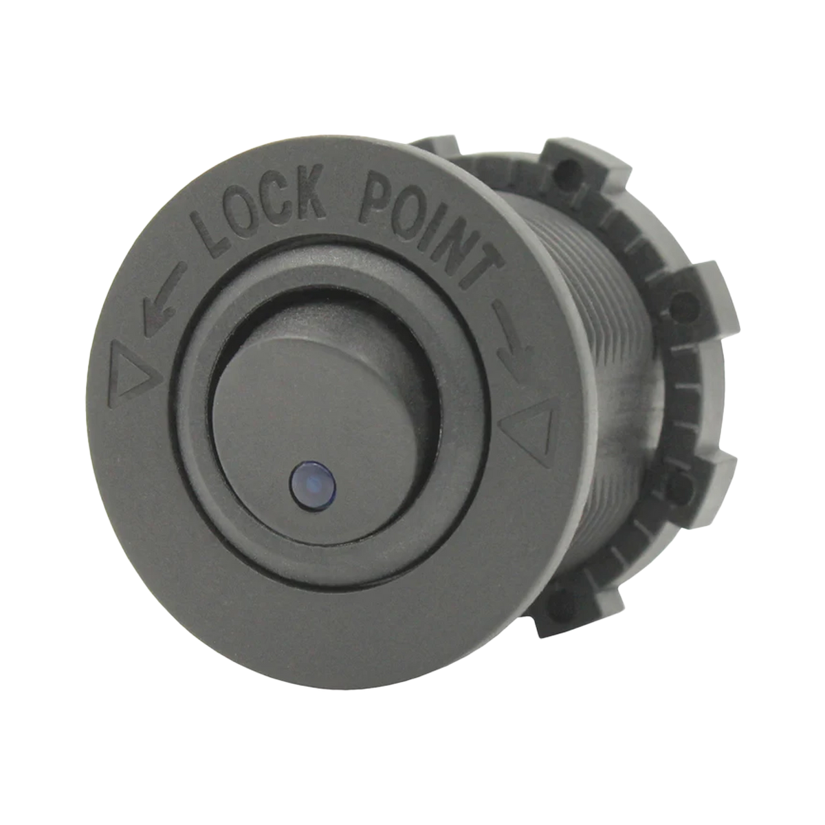 Rekcharge 12V round toggle switch front view with lock point markings and blue indicator dot.