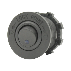 Rekcharge 12V round toggle switch front view with lock point markings and blue indicator dot.