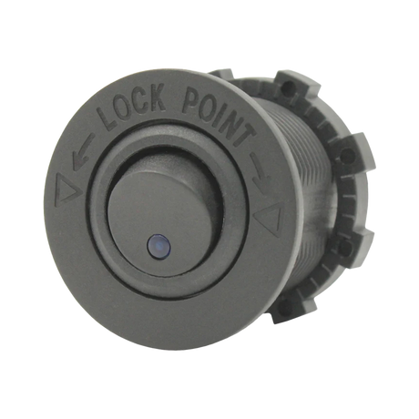 Rekcharge 12V round toggle switch front view with lock point markings and blue indicator dot.