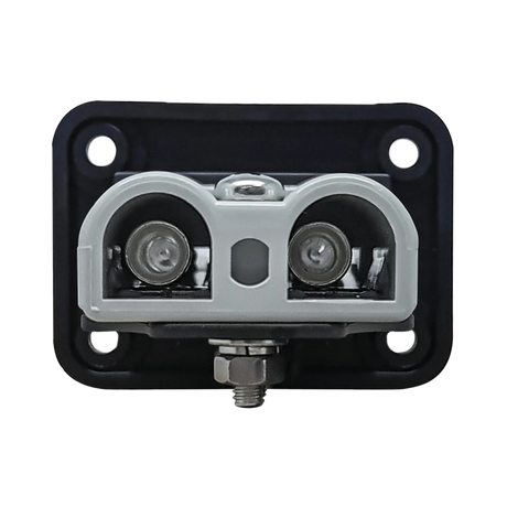 Rekcharge 12V single flush mount panel rear view with the Anderson plug contact barrels and mounting bolt visible.