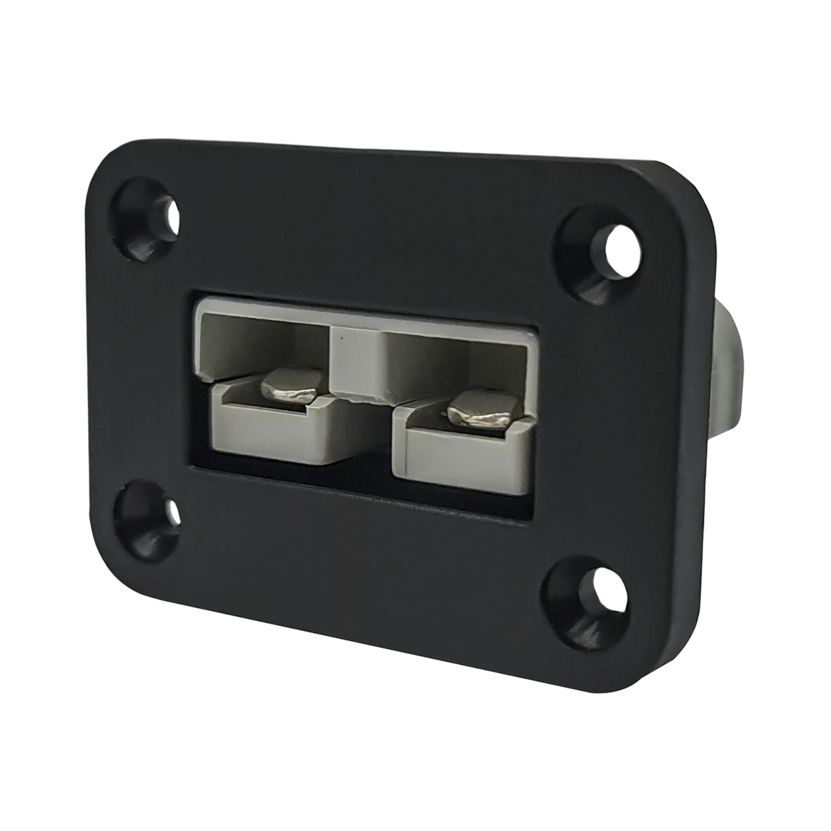 Rekcharge 12V single flush mount panel in a front right view with a grey 50A Anderson plug and four mounting holes.