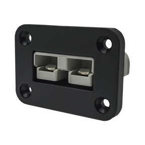 Rekcharge 12V single flush mount panel in a front right view with a grey 50A Anderson plug and four mounting holes.
