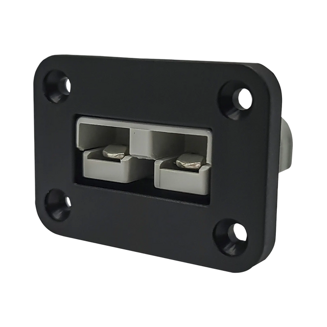 Rekcharge 12V single flush mount panel in a front right view with a grey 50A Anderson plug and four mounting holes.