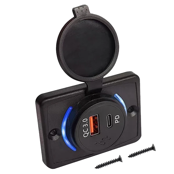 Rekcharge 12V flush mount USB and USB-C socket with mounting plate, open cover and screws.