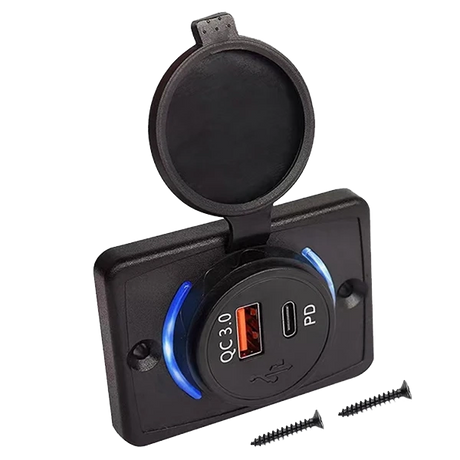 Rekcharge 12V flush mount USB and USB-C socket with mounting plate, open cover and screws.