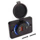 Rekcharge 12V flush mount USB and USB-C socket with mounting plate, open cover and screws.