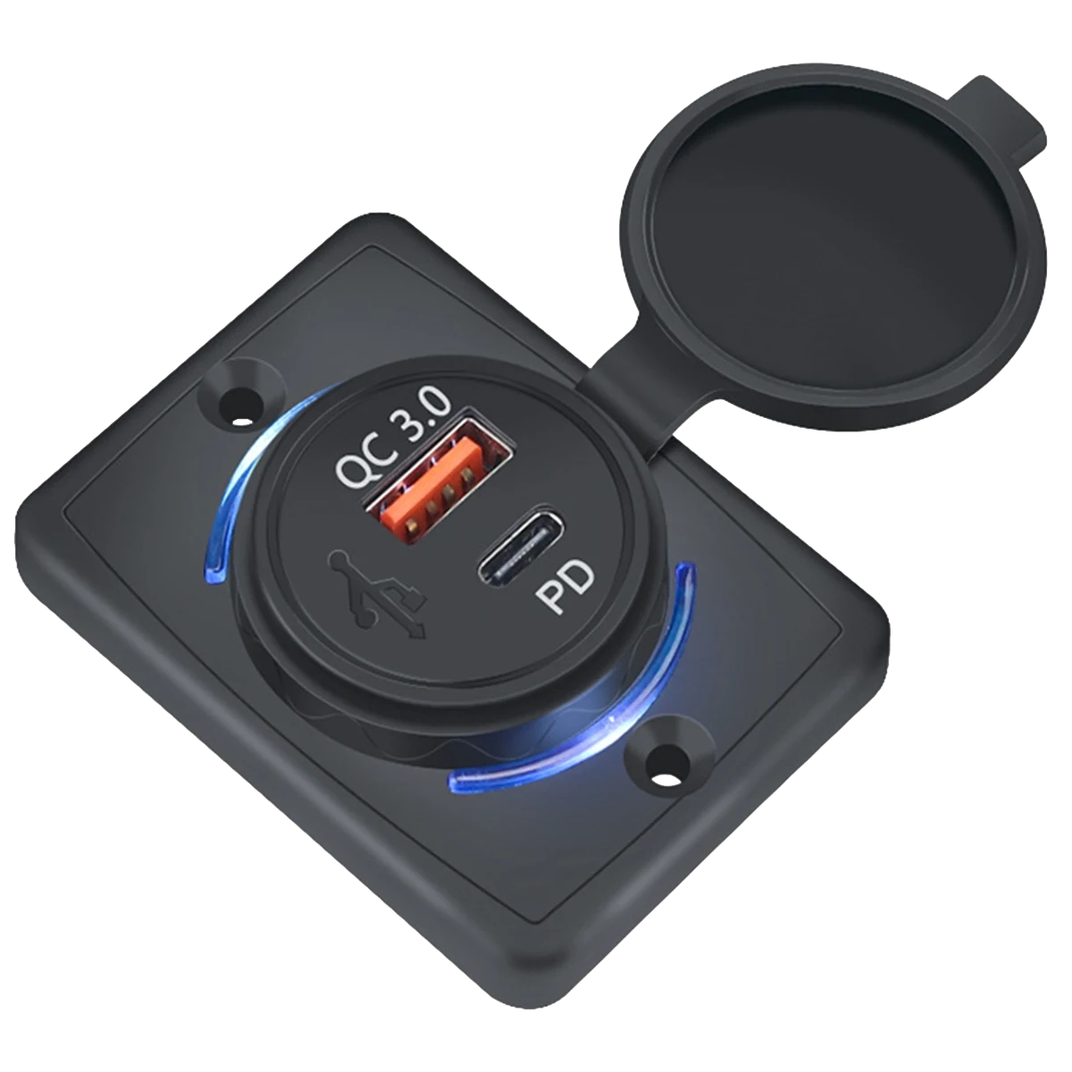 Rekcharge 12V flush mount USB and USB-C socket angled view with open cover and blue illuminated ring.