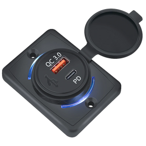 Rekcharge 12V flush mount USB and USB-C socket angled view with open cover and blue illuminated ring.