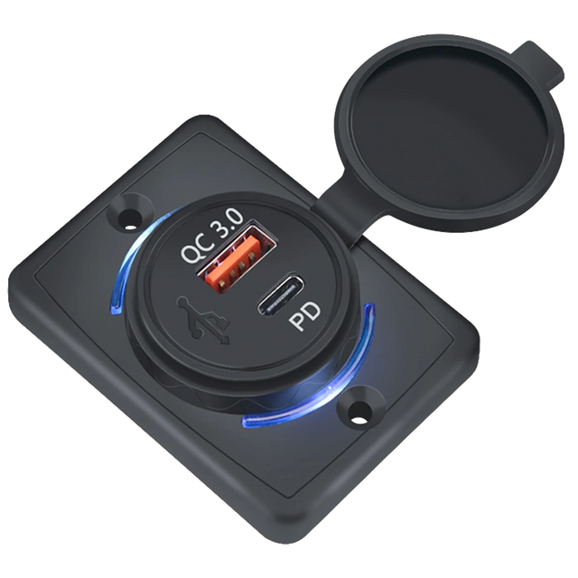 Rekcharge 12V flush mount USB and USB-C socket angled view with open cover and blue illuminated ring.