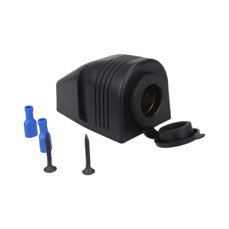 Rekcharge 12V single surface mount cigarette lighter socket with two screws and blue insulated terminals.
