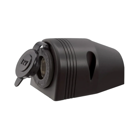Rekcharge 12V single surface mount cigarette lighter socket in a front right view with its cap open.