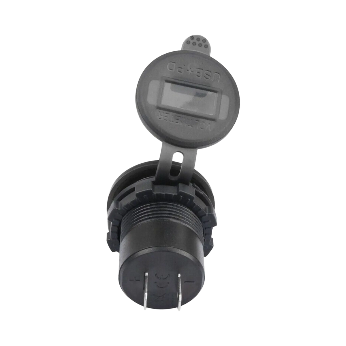 Rekcharge 12V USB and USB-C voltmeter socket rear view with two spade terminals and its cap raised.