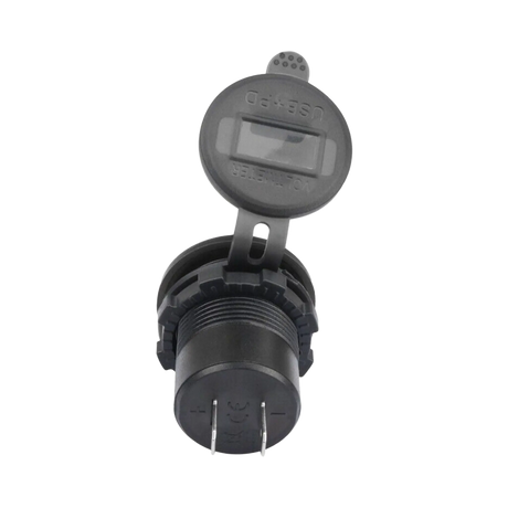Rekcharge 12V USB and USB-C voltmeter socket rear view with two spade terminals and its cap raised.