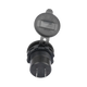 Rekcharge 12V USB and USB-C voltmeter socket rear view with two spade terminals and its cap raised.