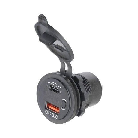 Rekcharge 12V USB and USB-C voltmeter socket with its cap open, two charging ports and an unlit display.