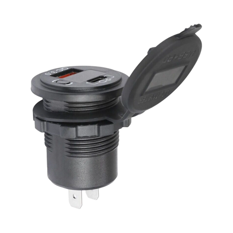 Rekcharge 12V USB and USB-C voltmeter socket side view with its threaded body, mounting nut and rear terminals.