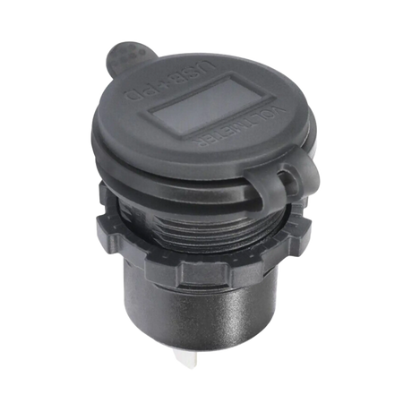 Rekcharge 12V USB and USB-C voltmeter socket with its cap closed and the display window visible.