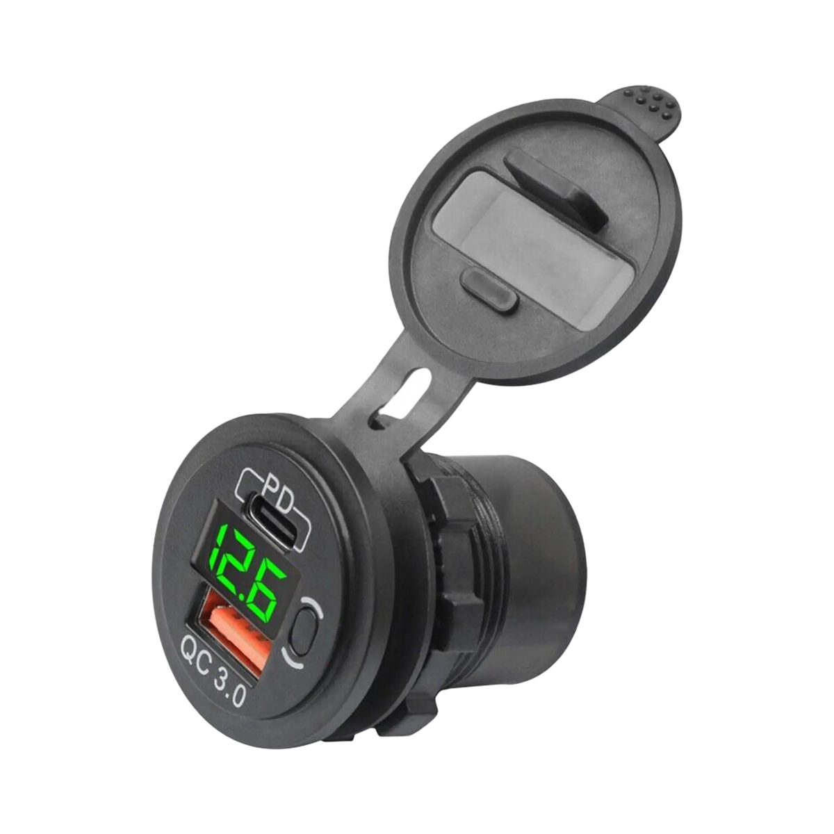 Rekcharge 12V USB and USB-C socket with voltmeter in a front right view with its green display illuminated.