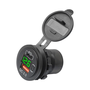 Rekcharge 12V USB and USB-C socket with voltmeter in a front right view with its green display illuminated.