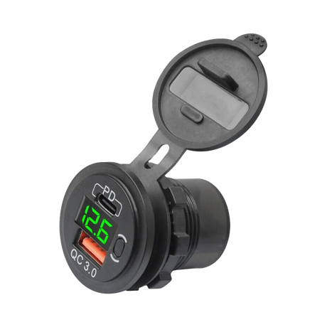 Rekcharge 12V USB and USB-C socket with voltmeter in a front right view with its green display illuminated.