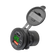 Rekcharge 12V USB and USB-C socket with voltmeter in a front right view with its green display illuminated.