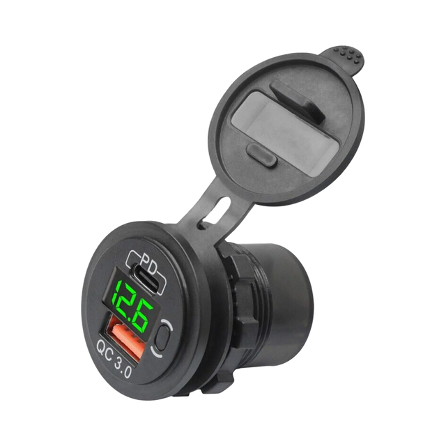 Rekcharge 12V USB and USB-C socket with voltmeter in a front right view with its green display illuminated.