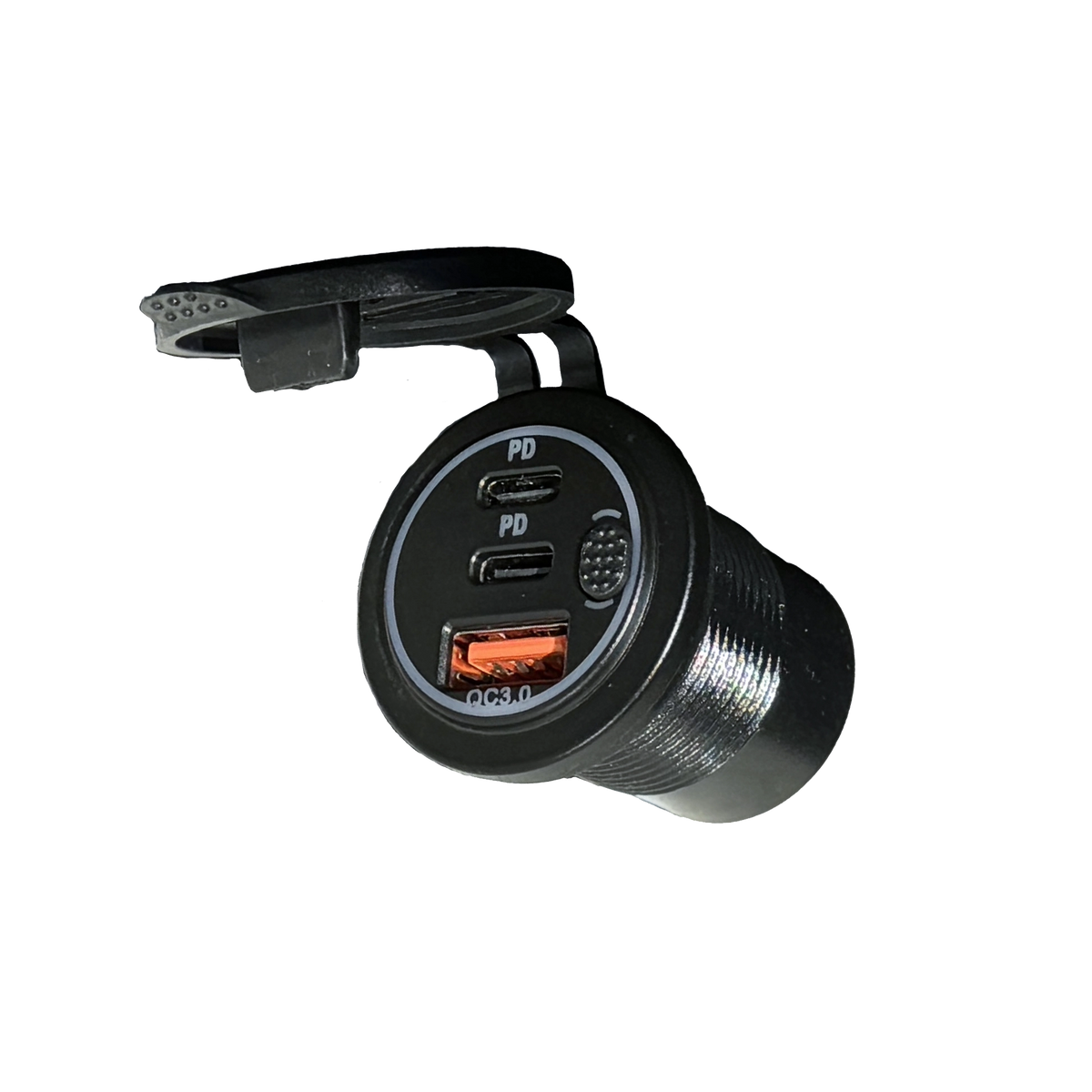 Rekcharge 12V USB and twin USB-C socket front right view with threaded housing.