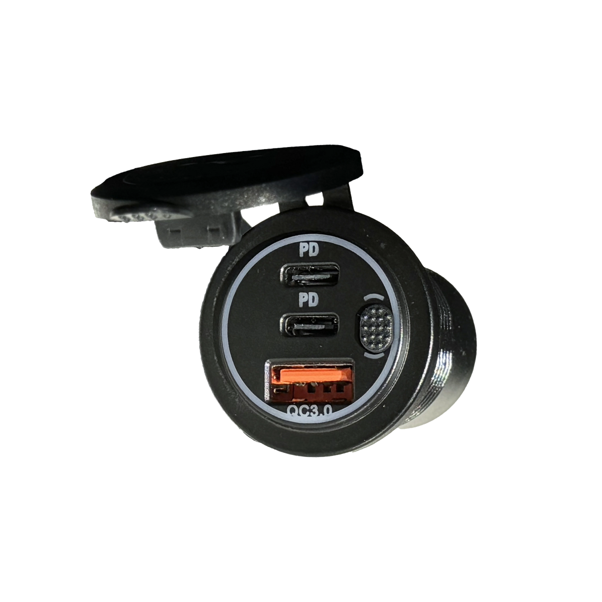 Rekcharge 12V USB and twin USB-C socket front view with protective cover open.
