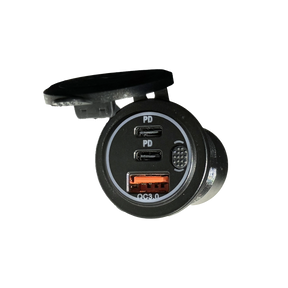 Rekcharge 12V USB and twin USB-C socket front view with protective cover open.