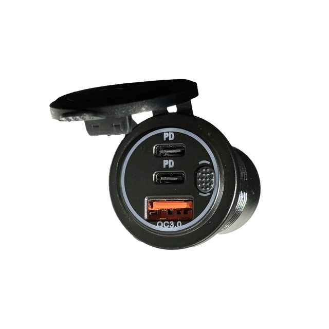 Rekcharge 12V USB and twin USB-C socket front view with protective cover open.