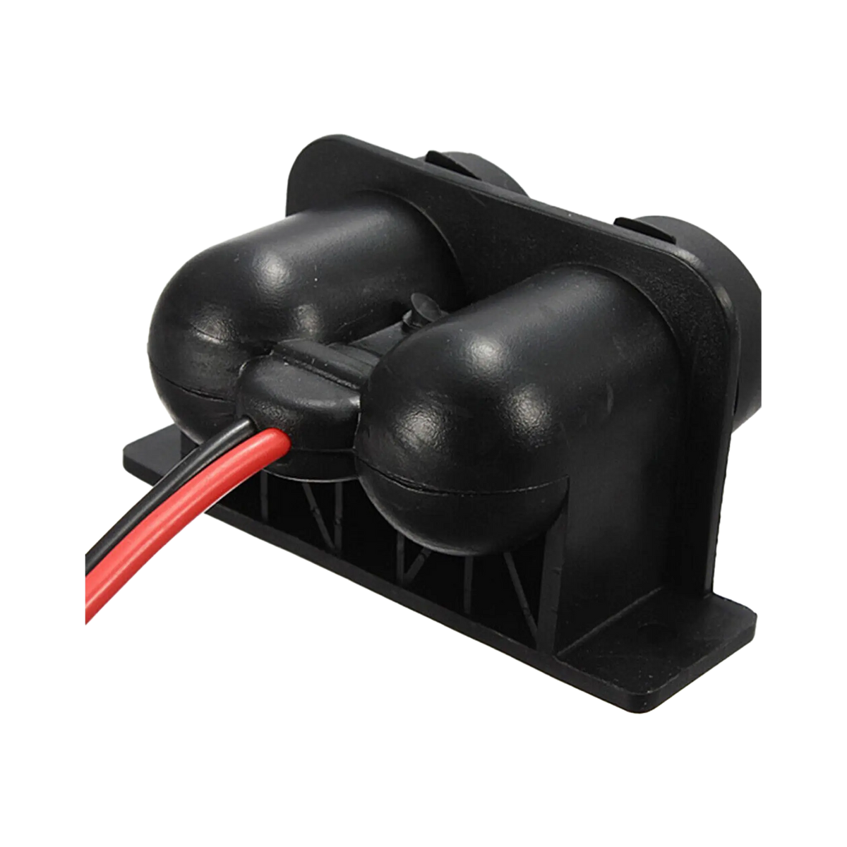 Rekcharge 12V twin cigarette lighter sockets rear view with rounded housings and positive and negative leads.