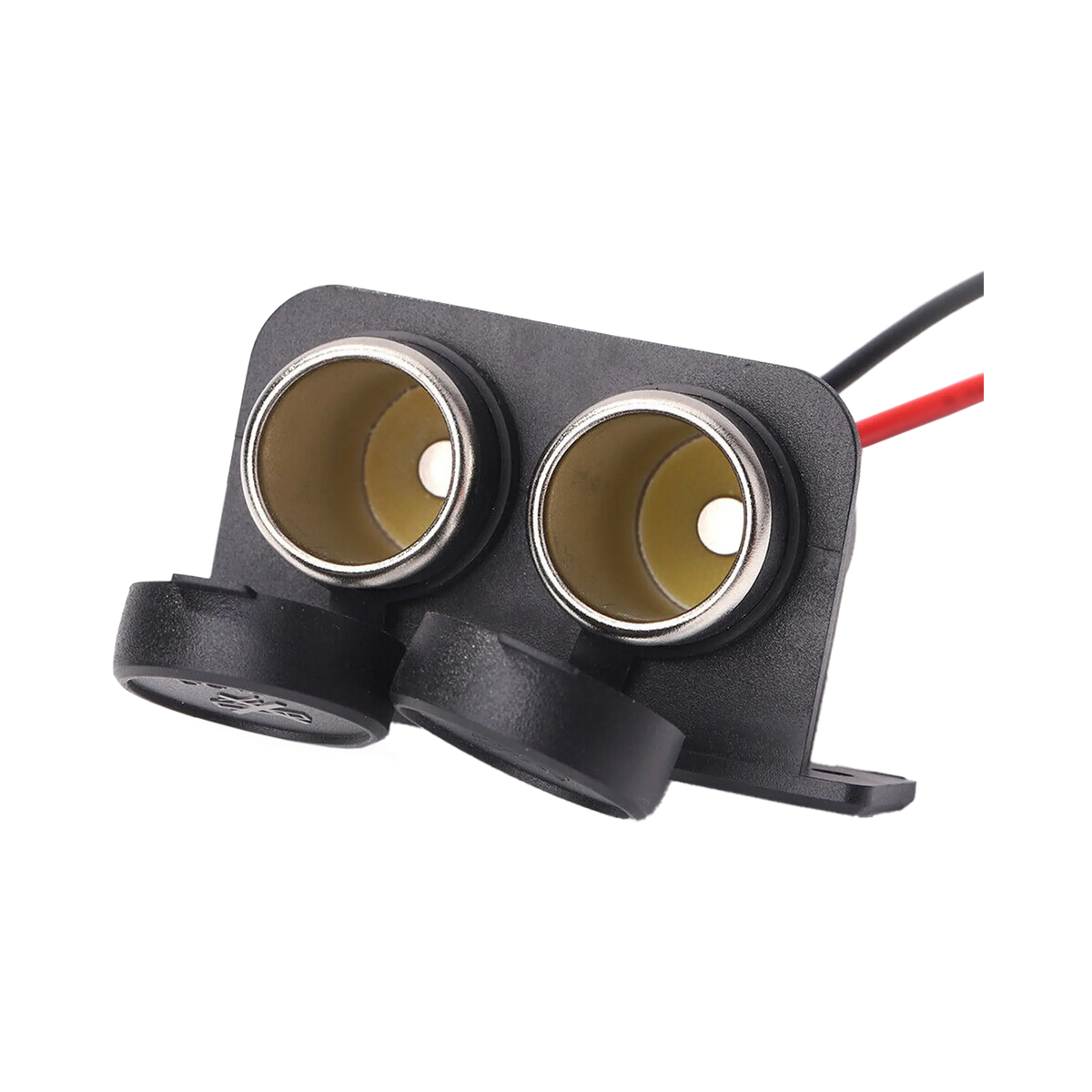 Rekcharge 12V twin cigarette lighter sockets in an angled front view with both caps open and metal rims visible.