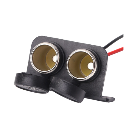 Rekcharge 12V twin cigarette lighter sockets in an angled front view with both caps open and metal rims visible.