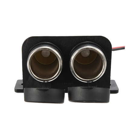 Rekcharge 12V twin cigarette lighter sockets front view with both openings exposed and the caps hanging below.