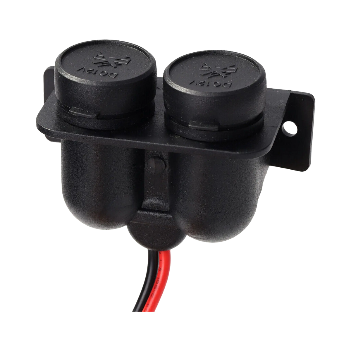 Rekcharge 12V twin cigarette lighter sockets viewed from above with both caps closed and leads exiting below.