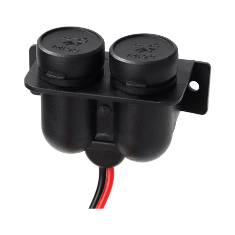 Rekcharge 12V twin cigarette lighter sockets viewed from above with both caps closed and leads exiting below.
