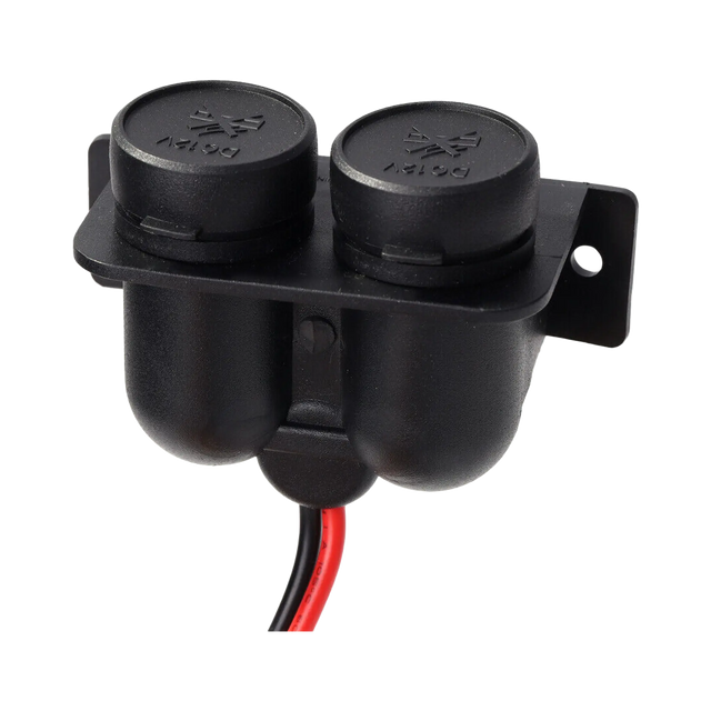 Rekcharge 12V twin cigarette lighter sockets viewed from above with both caps closed and leads exiting below.
