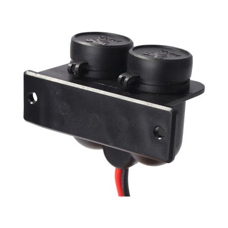 Rekcharge 12V twin cigarette lighter sockets viewed across the mounting bracket with both caps closed.