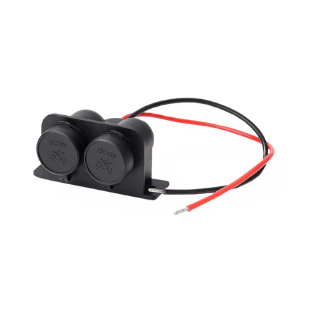 Rekcharge 12V twin cigarette lighter sockets with closed caps, mounting bracket and positive and negative leads.
