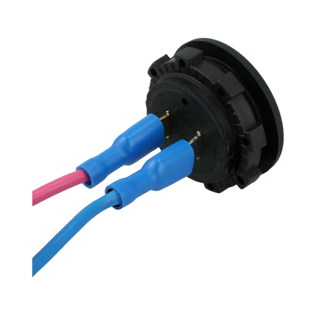 Rekcharge 12V voltmeter socket rear view with positive and negative wires connected using blue insulated terminals.