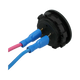Rekcharge 12V voltmeter socket rear view with positive and negative wires connected using blue insulated terminals.