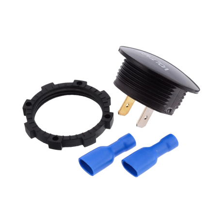 Rekcharge 12V voltmeter socket side view with its threaded body, mounting nut and loose blue terminals.