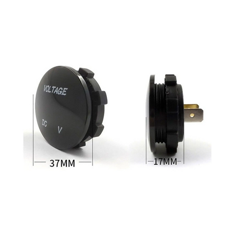 Rekcharge 12V voltmeter socket front and side dimensions diagram with a 37mm face width and 17mm body depth.