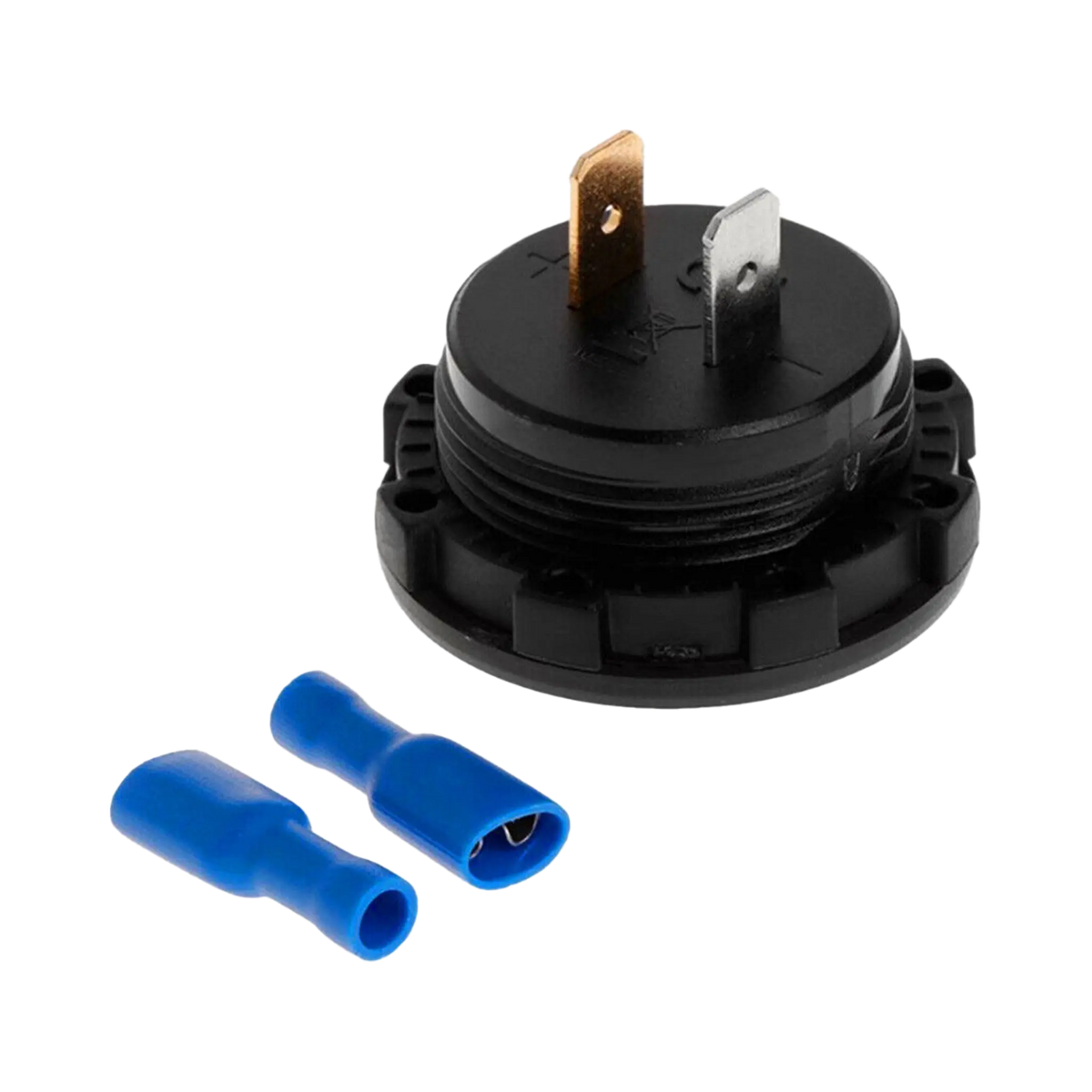 Rekcharge 12V voltmeter socket rear close up with positive and negative spade terminals and two blue connectors.