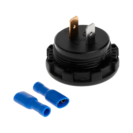 Rekcharge 12V voltmeter socket rear close up with positive and negative spade terminals and two blue connectors.