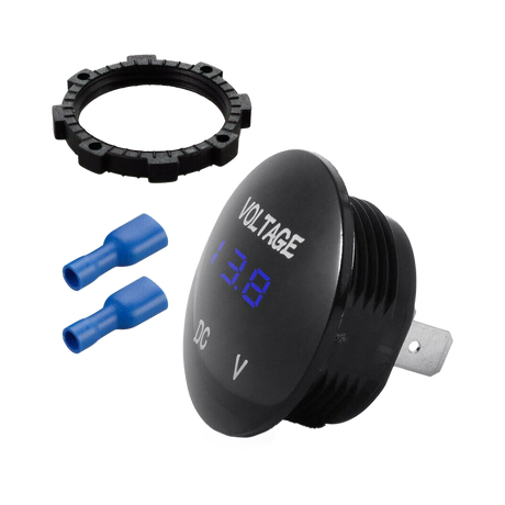 Rekcharge 12V voltmeter socket in an angled front view beside a mounting nut and two blue terminals.